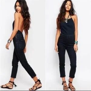 Free People Overalls Women Size 12 Dark-wash Denim Halterall Overall Side Zip